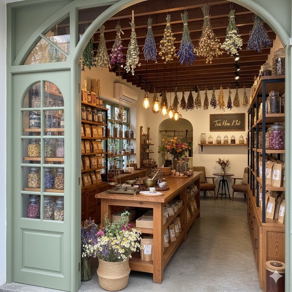 Chú trọng thiết kế không gian quán kinh doanh trà hoa khô ấn tượng