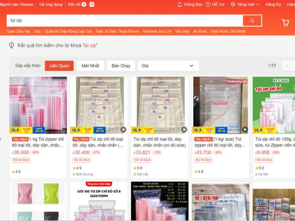 Tìm kiếm túi zip trên sàn thương mại điện tử