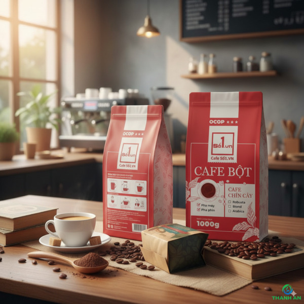 Bao bì cà phê bột với thiết kế nổi bật, màu sắc bắt mắt, giúp sản phẩm trở nên chuyên nghiệp