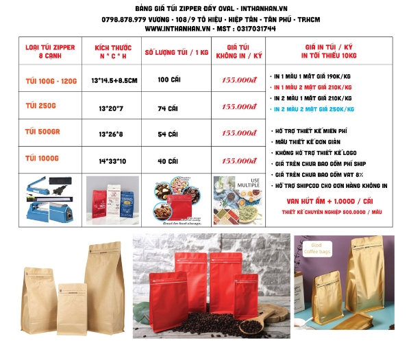Bảng kích thước và báo giá in túi zipper đựng cà phê
