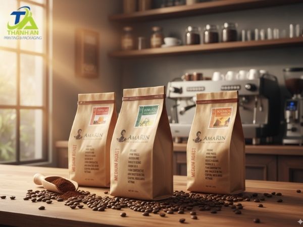 In túi giấy kraft gấp miệng đựng cà phê đẹp, lấy nhanh In ấn và hoàn thiện mẫu túi giấy kraft