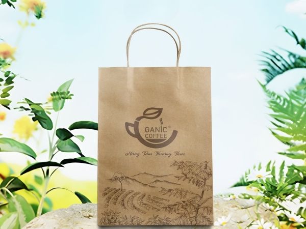 10+ mẫu túi giấy in logo nhận diện thương hiệu đẹp, giá rẻ Túi giấy Kraft nâu in logo mộc mạc, phù hợp thương hiệu cà phê, cửa hàng organic